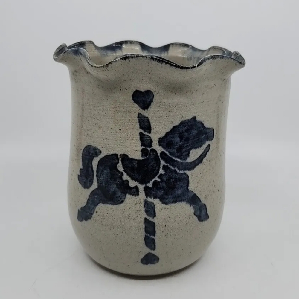 Earthbound Pottery Salt-Glaze Ruffled Vase 1987 Spongeware Carousel Horse Signed